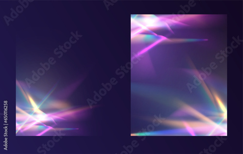 Crystal rays of light, prism refraction, lens flare, crystal glass reflection effect. Prism vector, realistic light leak effect with spectral flare. Bright light banner, poster, template.