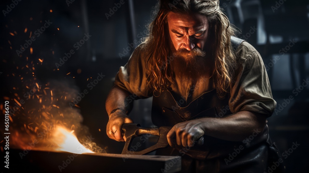 Skilled Male Blacksmith in Apron with Hammer and Anvil on Steel Grey Background