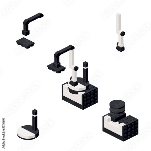 Concept with an industrial robot loader in isometric style for printing and design.Vector illustration.