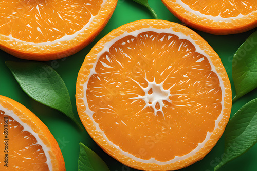 Fresh tangerine fruit on green background with orange leaves. Bright colors. Macro view. Sharp details.