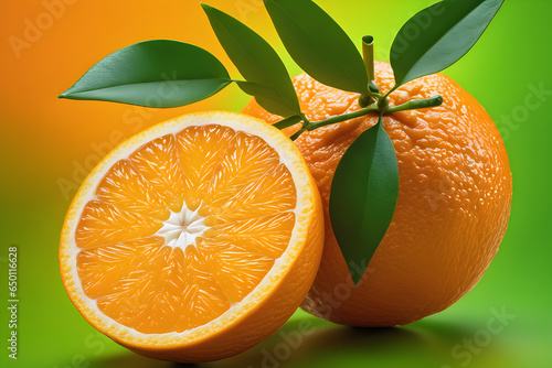 Fresh tangerine fruit on green background with orange leaves. Bright colors. Macro view. Sharp details.