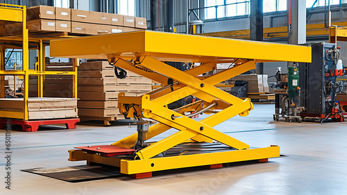 A small and a medium sized hydraulic lift table being used in a warehouse.