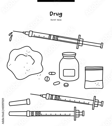 This is an illustration of drugs. Drugs or poisons, powders, syringes.	
