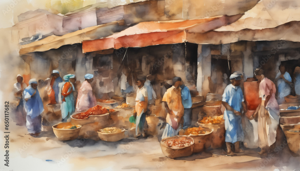 Indian market painted with watercolours