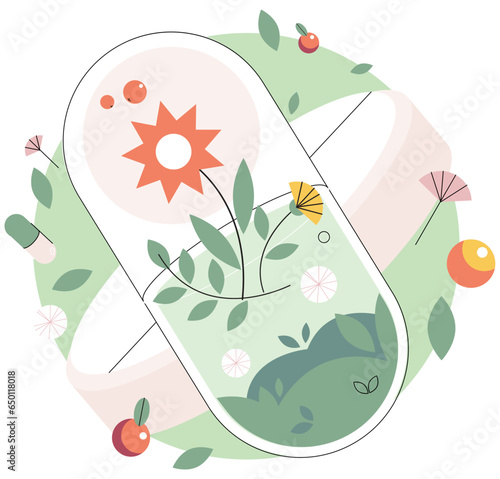 Herbal pills. Alternative medicine. Homeopathic treatment and phytotherapy concept. Huge remedy tablet with green leaves or natural ingredients. Essential natural oil, herb pharmacy, food supplement