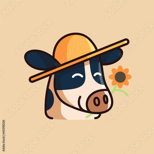 Laughing animal face. Merry cow muzzle in hat, home cattle smile, happy pet snout with flower. Cute childish sticker with positive emotion and mood. Flat isolated vector illustration