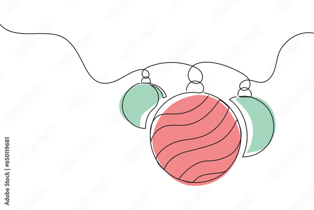 Continuous one-line drawing of a Christmas decoration baubles ball in silhouette on a white background. Linear stylized.
