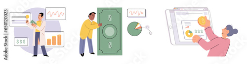 Set of people analyzing personal or corporate budget. Concept of finance accounting and calculation of financial income and expenses report. Financial consultant with document for tax computation