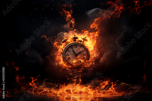 Deadline concept of an alarm clock on fire showing the urgency to wake up about the end of time coming and the end of an era's final countdown, Generative AI stock illustration image