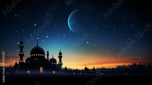 Ramadan Symbolism  Mosques Dome, Crescent Moon on Dark Blue Twilight Sky and Islamic Celebratory Phrases in Arabic © Saran