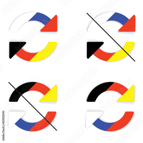 Four variants of icons with a circular arrow divided into sections according to the flags of Germany and Russia