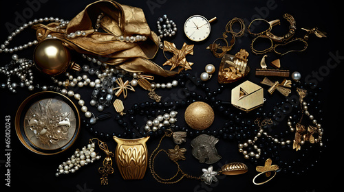 Various gold jewellery and gifts on black background photo