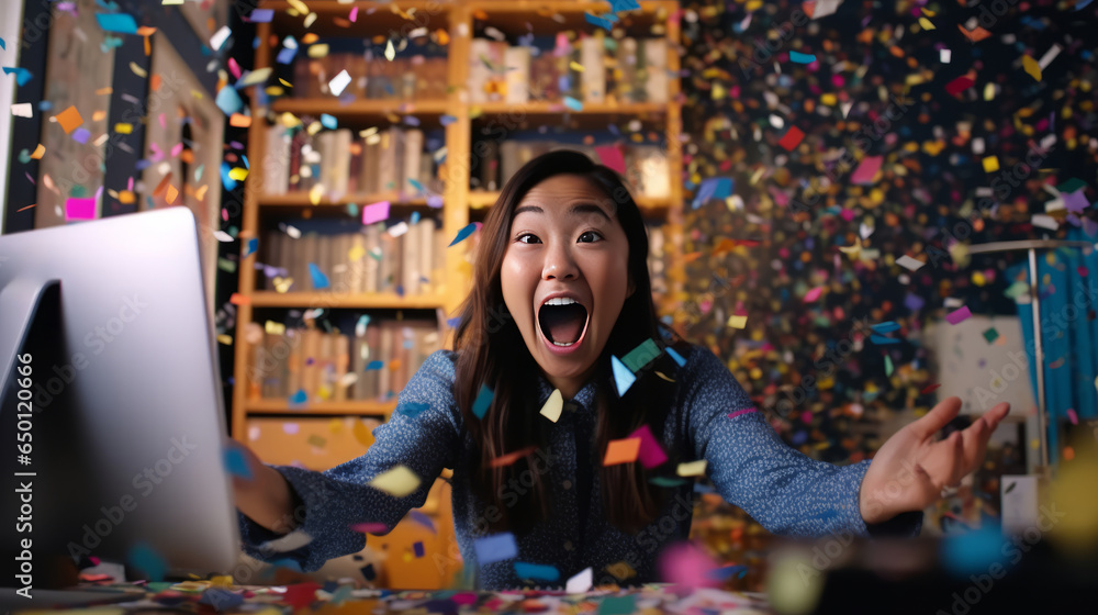 Portrait of young Asian woman using laptop in office with confetti