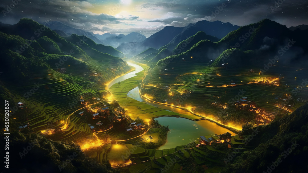 Hoang Su Phi terraced yellow and green rice fields at night.