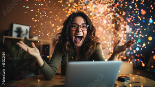 Excited young woman using laptop at home in the living room.