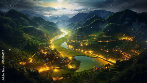 Hoang Su Phi terraced yellow and green rice fields at night.