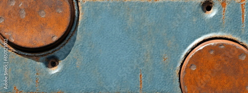 Banner. Vintage rostiges blaues Metall, Rostlöcher, Kratzer und Farbrückstände, im Stil vergangener Jahrzehnte.