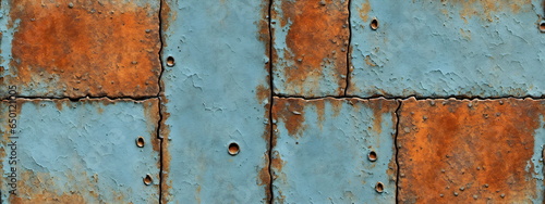 Banner. Vintage rostiges blaues Metall, Rostlöcher, Kratzer und Farbrückstände, im Stil vergangener Jahrzehnte.