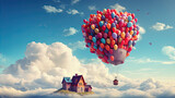 flying house attached with many balloon flying in the sky 
