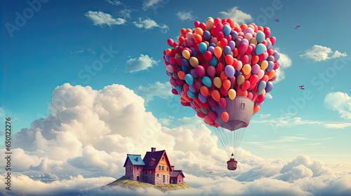 flying house attached with many balloon flying in the sky 