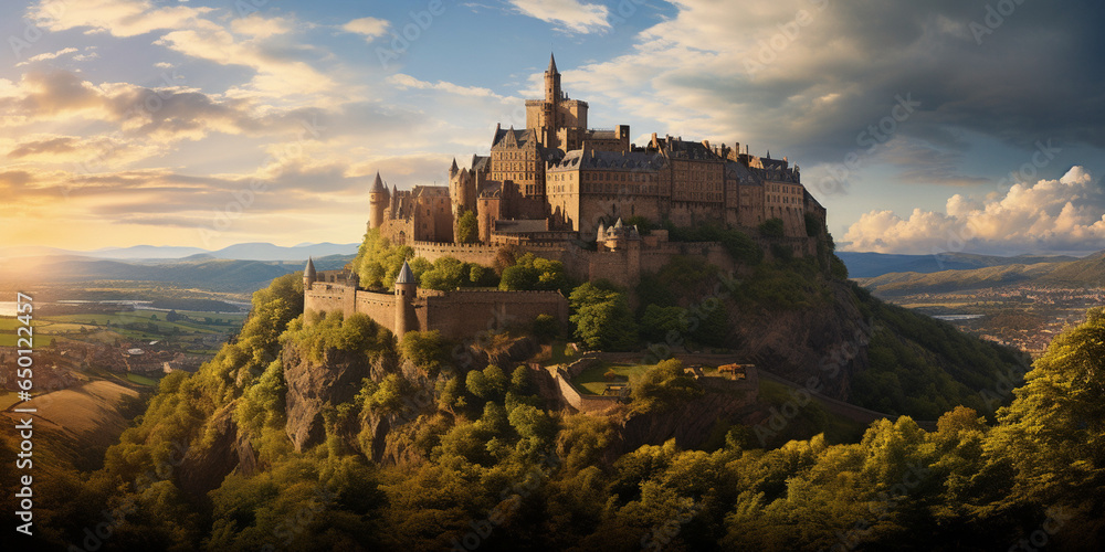 Majestic Splendor Unveiled: Panoramic View of a Historic Castle Perched on a Hill, Embracing Centuries of Rich History and Architectural Grandeur
