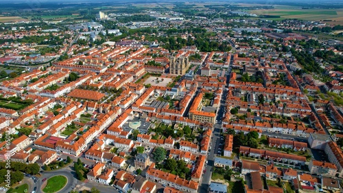 Aerial view around the old town of the city Vitry-le-Francoi on a sunny day in summer.