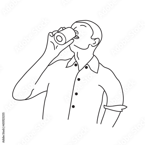Man drinking. Drawing outline on white background. 