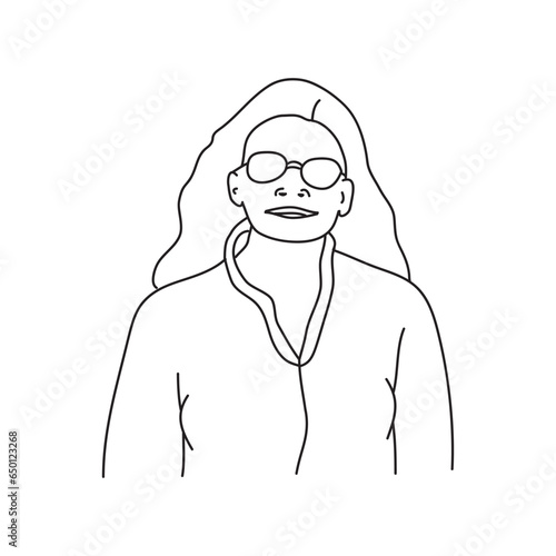 Women wearing sunglasses outline drawing on white background. 