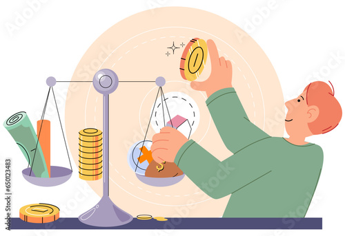 Man analyzes profit weighing earnings on scales, income and expenses money. Banking safety, profit increase. Financial plan or budget planning. Yearly expense management, deposits, tax payments
