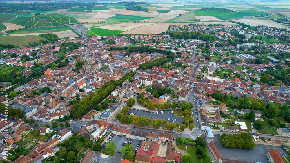 Aerial view of the city Sezanne in France on a late sunny day in summer. 