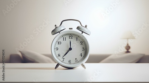Alarm clock on the table in the background of the bedroom, the concept of waking up in the morning, getting out of bed.