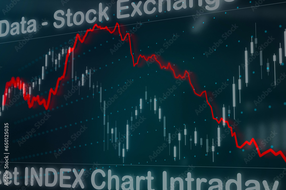 Obraz premium Falling graph and rising candle stick chart. Stock exchange, investment, business, trading, concept.