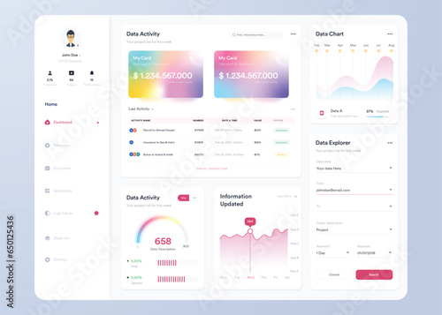 Infographic dashboard. UI design with graphs, charts and diagrams. Web interface template for business presentation. 
