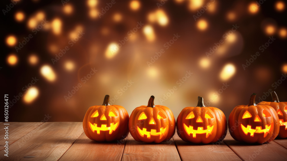 Fototapeta premium Halloween, orange pumpkins on a wooden table on a bokeh glowing background, copy space