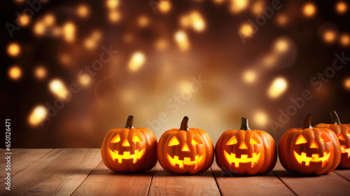Halloween, orange pumpkins on a wooden table on a bokeh glowing background, copy space © Oulailux