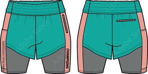 Women athletic Running trail Shorts with Compression tights shorts design flat sketch fashion Illustration for girls and Ladies, Athletic shorts concept with front and back view for tracking wear.