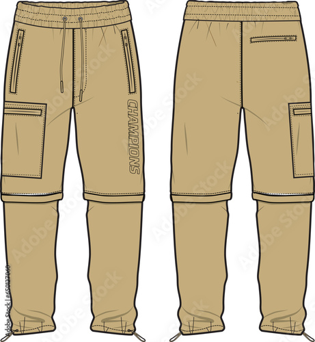 Detachable Jogger bottom Pants design flat sketch vector illustration, Casual cargo pants concept with front and back view, Sweatpants for running, jogging, fitness, and active wear pants design.