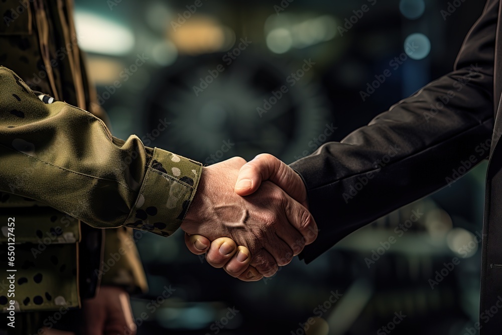 A soldier and a civilian shake hands - obrazy, fototapety, plakaty 