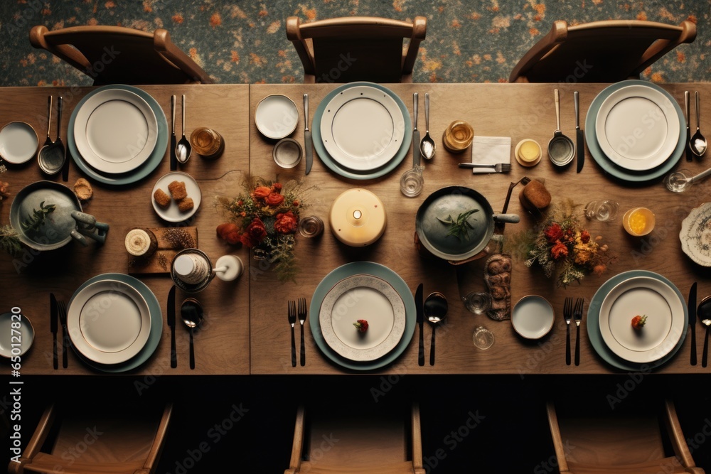 Dining table setting top view - obrazy, fototapety, plakaty 