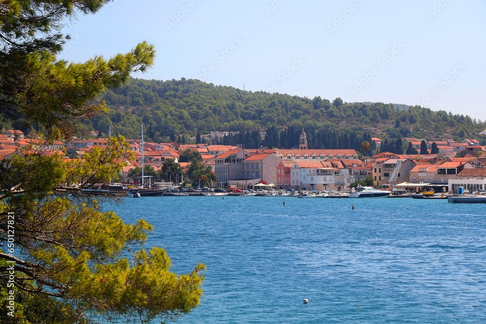 Promenade in Vela Luka, picturesque small town on island Korcula, Croatia.