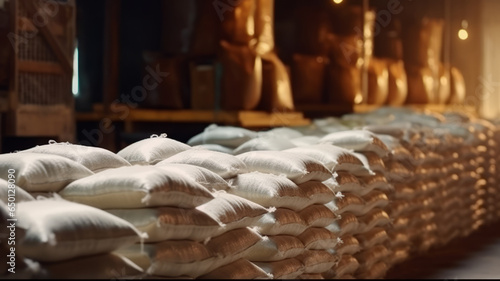 Sugar in a Warehouse. Bags of sugar. Large food warehouse with sugar sacks. Sugar factory.