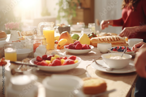 Amidst the morning light, an array of breakfast delights graces the kitchen table, as an anonymous family shares a meal, their presence felt, faces unseen.