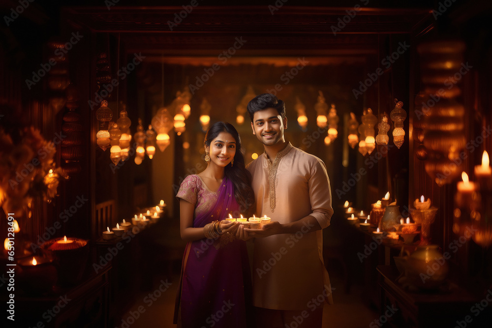 Indian couple holding diya in hand and celebrating diwali festival together.