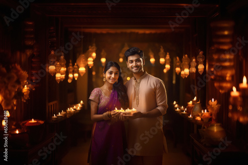 Indian couple holding diya in hand and celebrating diwali festival together.