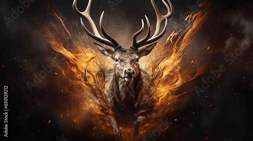 Fotografie, Obraz Adult male stag deer running through the flames in a forest fire
