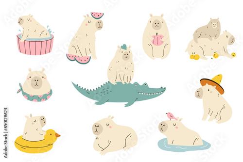 Set of cute and funny capybara characters in different actions.