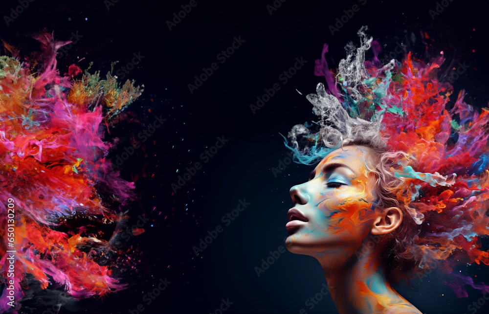 Beautiful fantasy abstract portrait of young woman With colorful digital paint splashes on empty space for text.