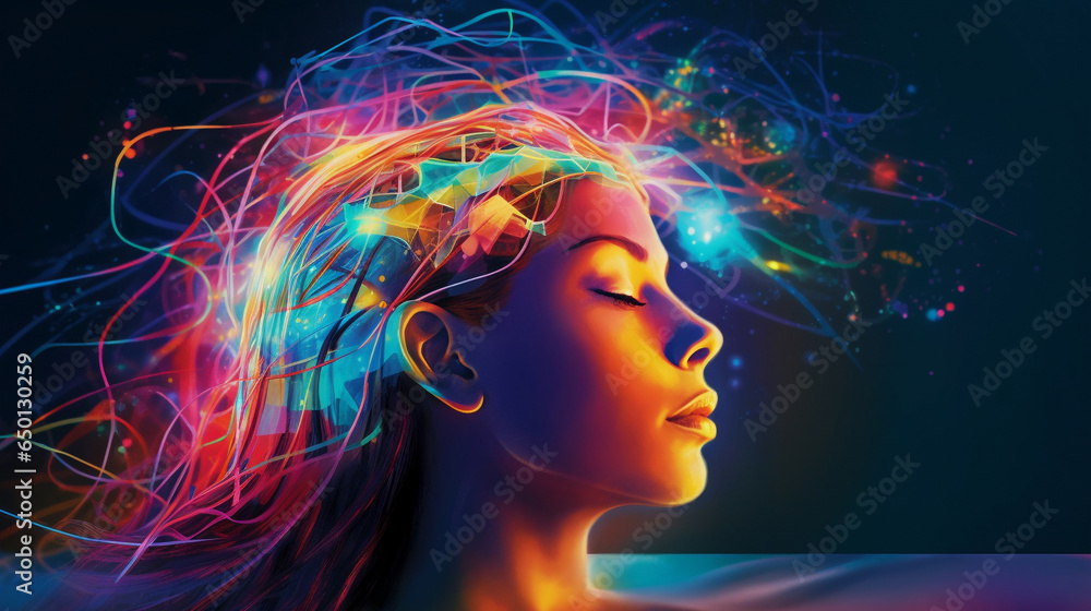 Brain on head of woman sleeping dreaming seeing AI Metaver. AI Generative. Brain on head of woman sleeping dreaming seeing AI Metaver. AI Generative.