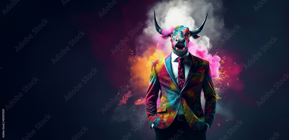 Front view of a bull wearing a suit standing animated burs. AI Generative.