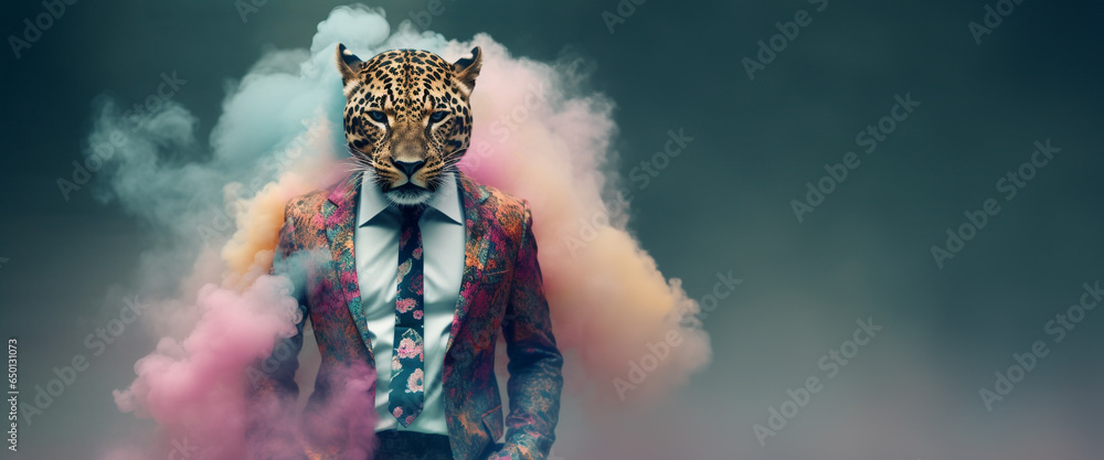 Front view of a tiger wearing a suit standing animated bur. AI Generative. - obrazy, fototapety, plakaty 